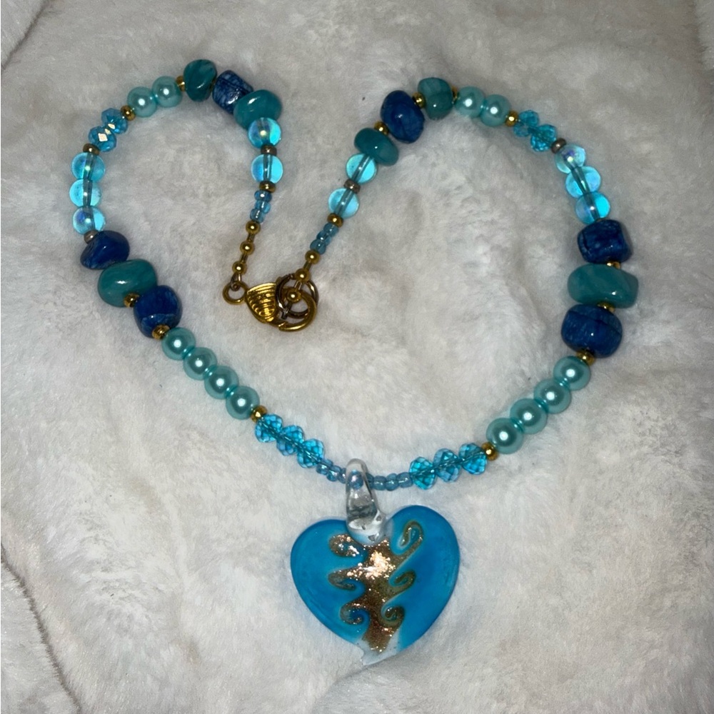 Blue Glass Beads Stones Heart Pendant Necklace - Picture 1 of 7